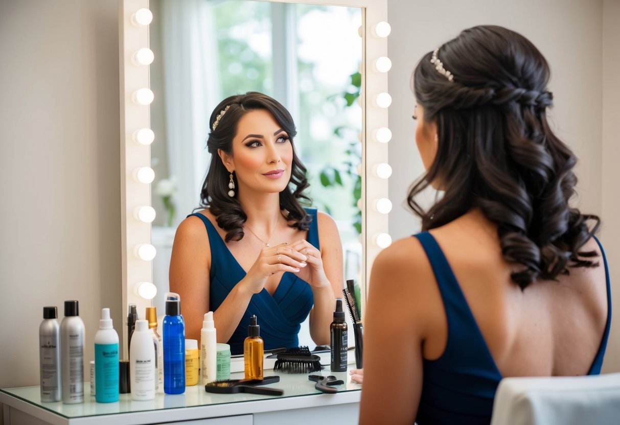 A woman sitting in front of a mirror, contemplating her hairstyle options for an upcoming wedding. She is surrounded by various hair care products and tools