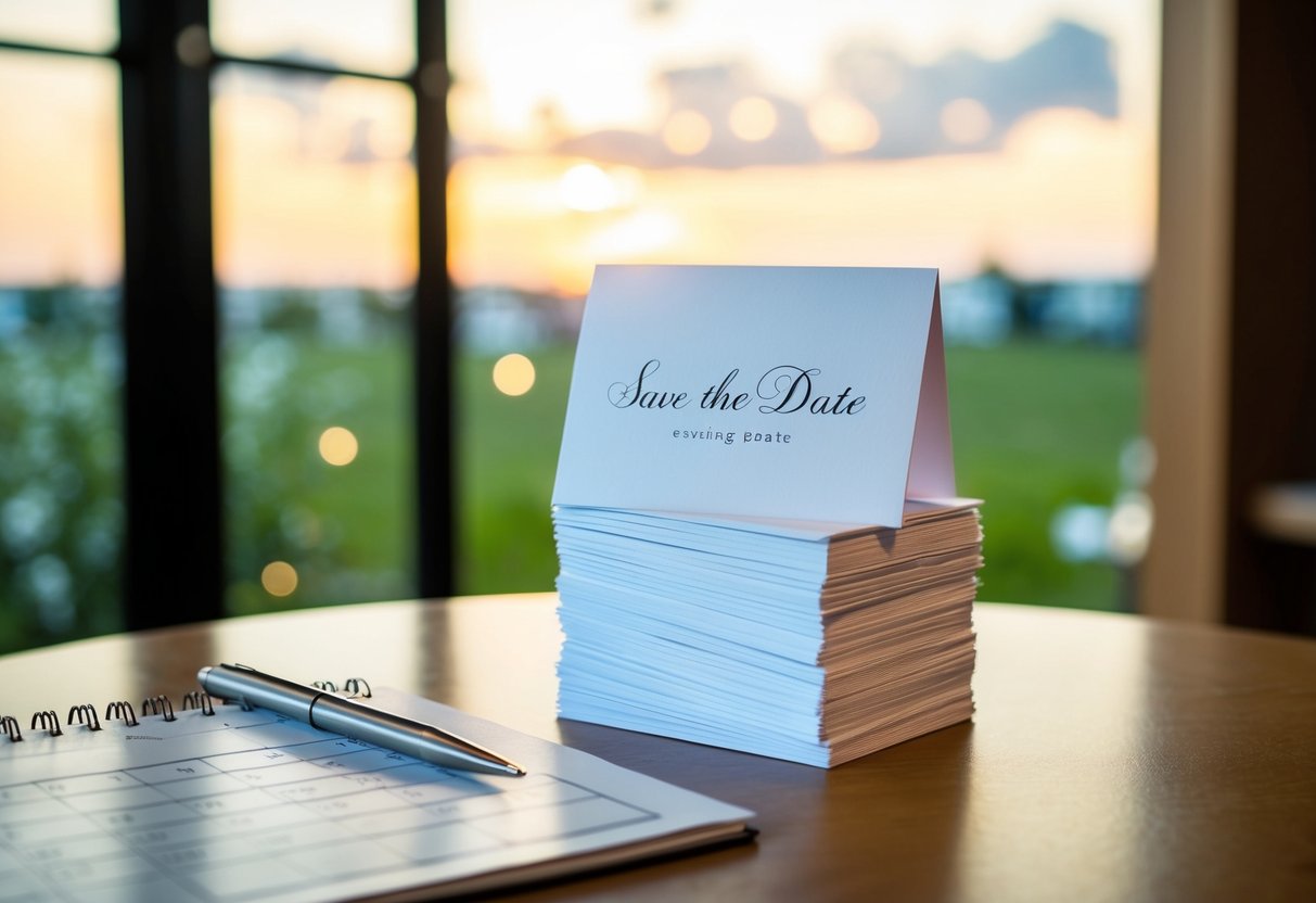 A stack of save the date cards on a table, with a calendar and pen nearby for evening guests