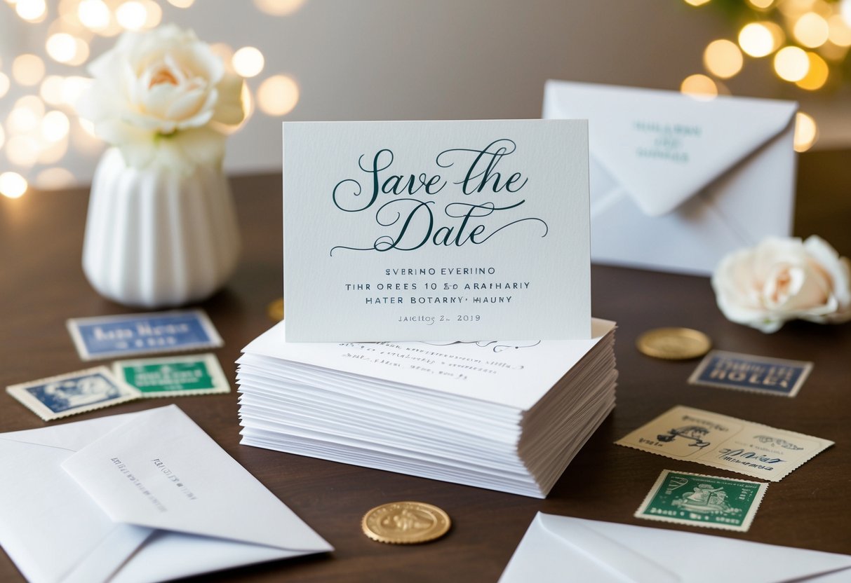 A stack of elegant save the date cards with evening event details, surrounded by envelopes and stamps, ready for mailing