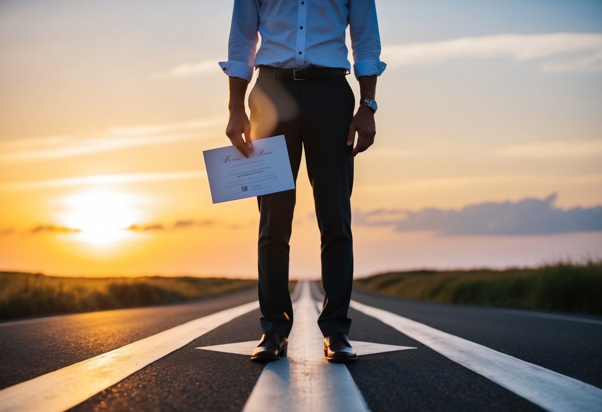 A solitary figure stands at a crossroads, a wedding invitation in hand. The sun sets in the distance, casting a warm glow over the decision ahead