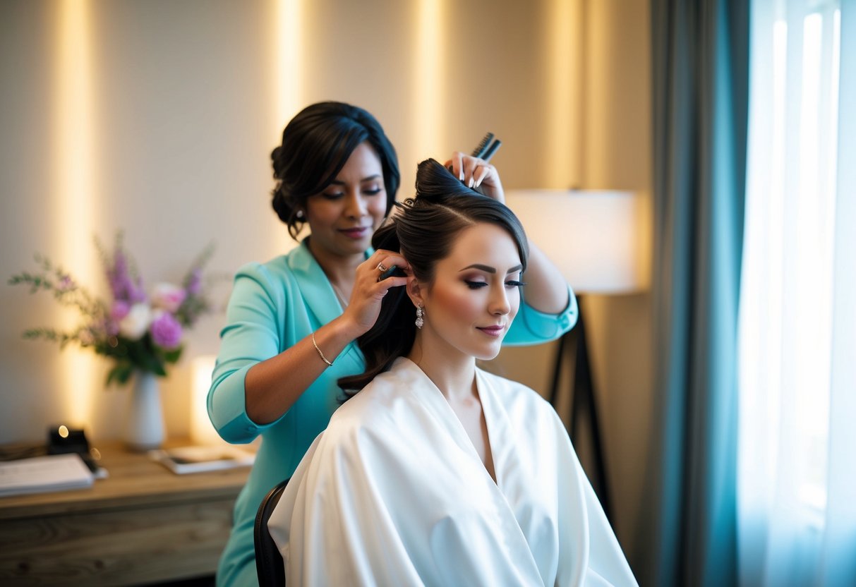 A serene bride sits in a chair as a hairstylist works on her hair, surrounded by soft lighting and calming music