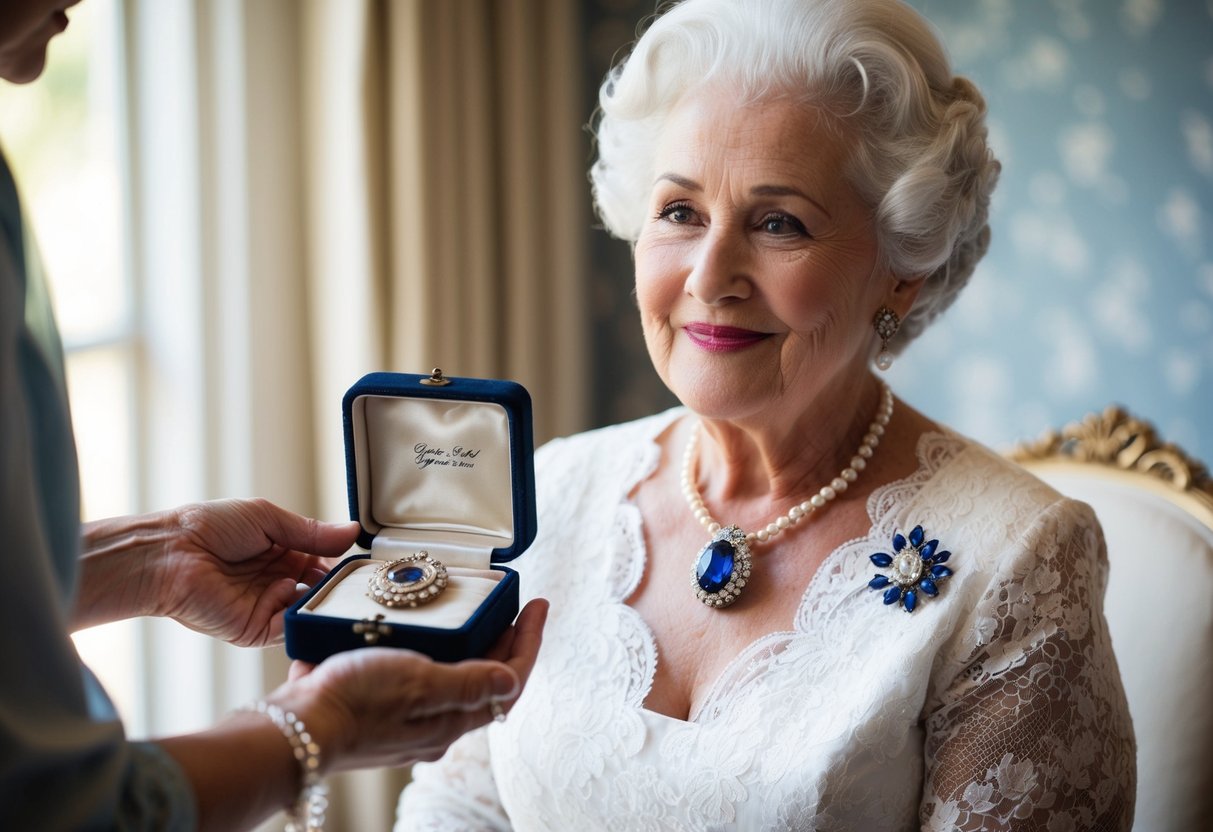 A grandmother presents the bride with a vintage locket (old), a delicate pearl hairpin (new), a lace handkerchief (borrowed), and a sapphire brooch (blue)