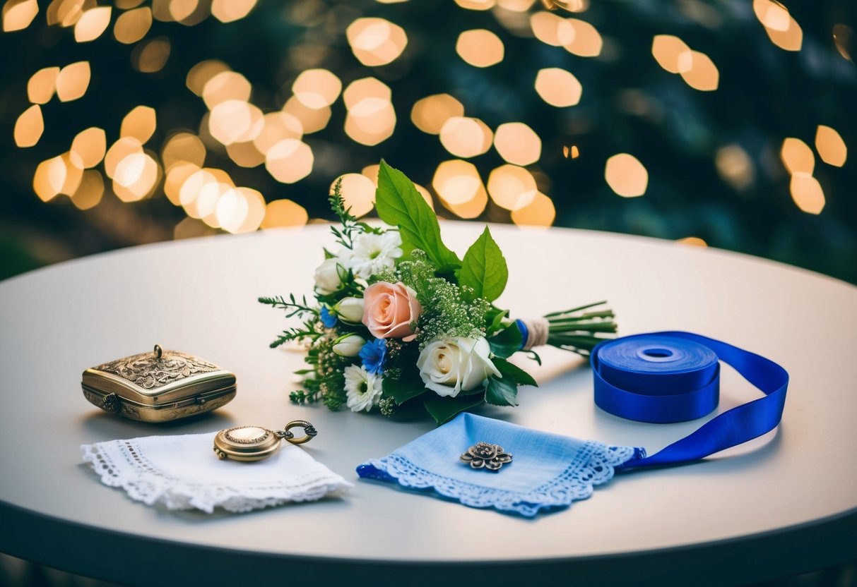 A table displays four symbolic items: an antique locket, a fresh bouquet, a borrowed lace handkerchief, and a blue ribbon