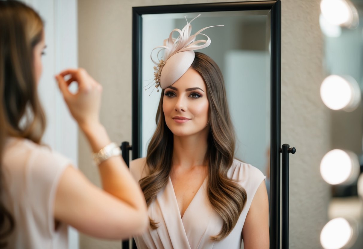 A woman with long flowing hair stands in front of a mirror, carefully securing a delicate fascinator to the side of her head with bobby pins