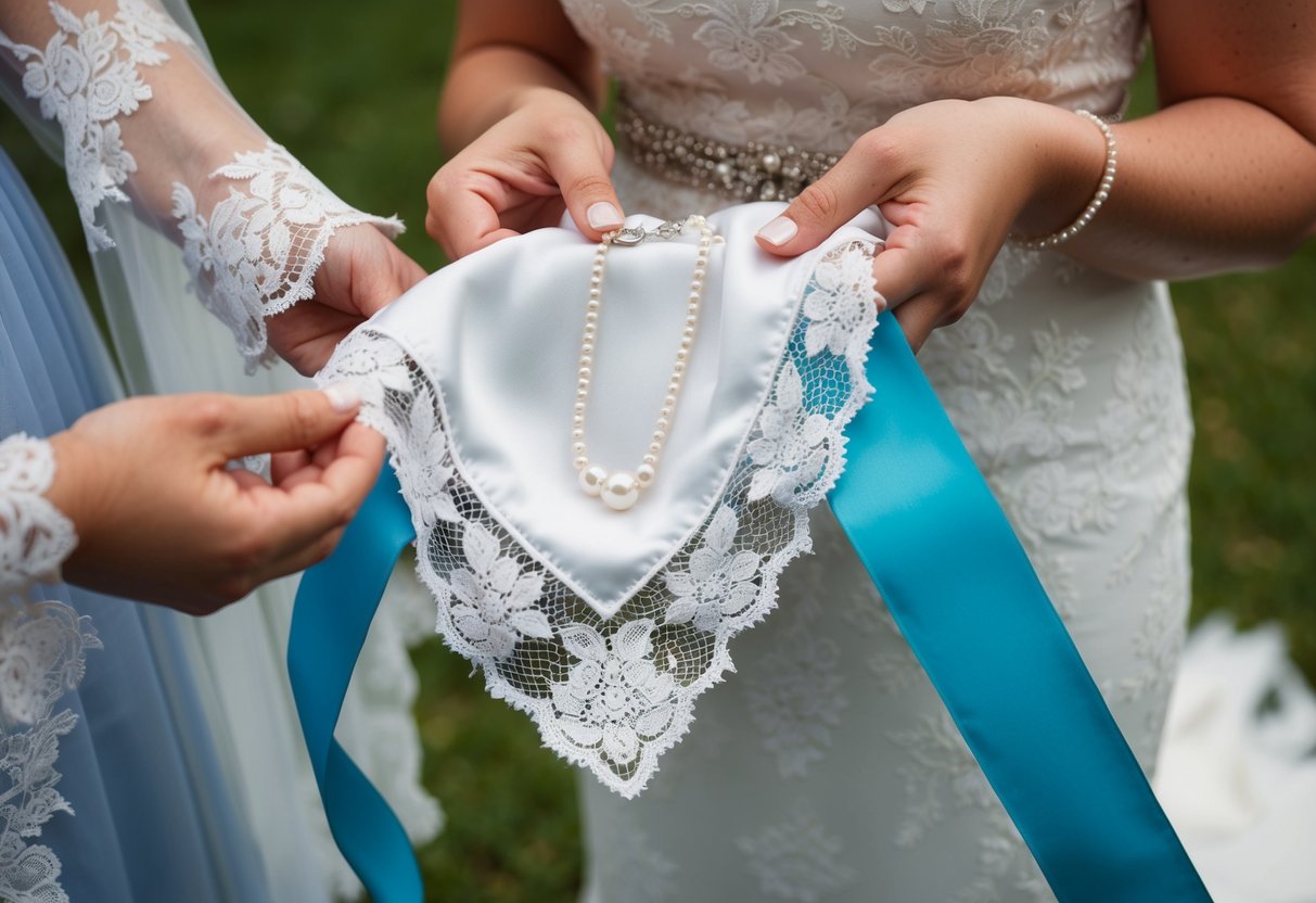 A bride's family passes on heirlooms - a lace handkerchief, a new pearl necklace, a borrowed veil, and a blue ribbon