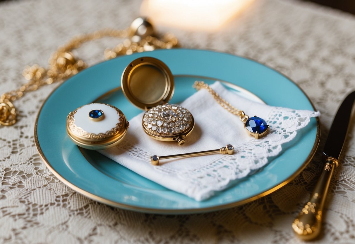 A table set with an antique locket, a sparkling necklace, a lace handkerchief, and a sapphire hairpin
