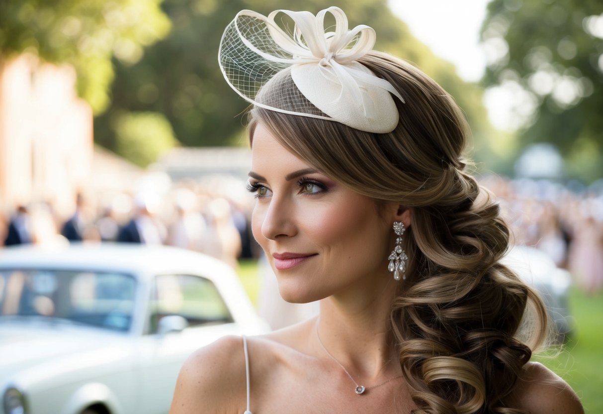 A woman with long flowing hair wears a fascinator at a wedding, her hair styled down with loose curls framing her face