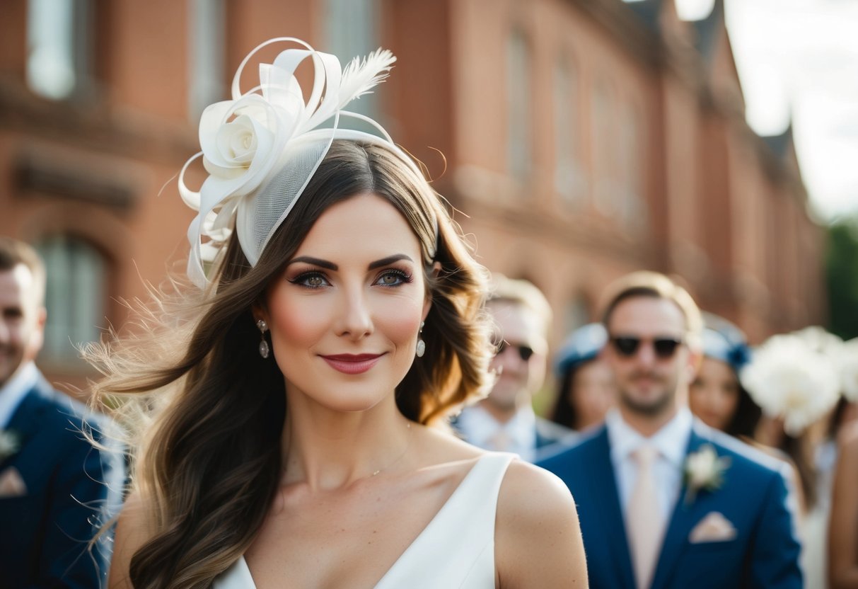 A woman with long flowing hair wearing a fascinator at a wedding, with the accessory complementing her hair down