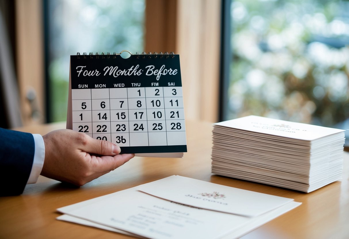 A hand holding a calendar with the date four months before the wedding circled. A stack of elegant wedding invitations nearby, ready to be sent out
