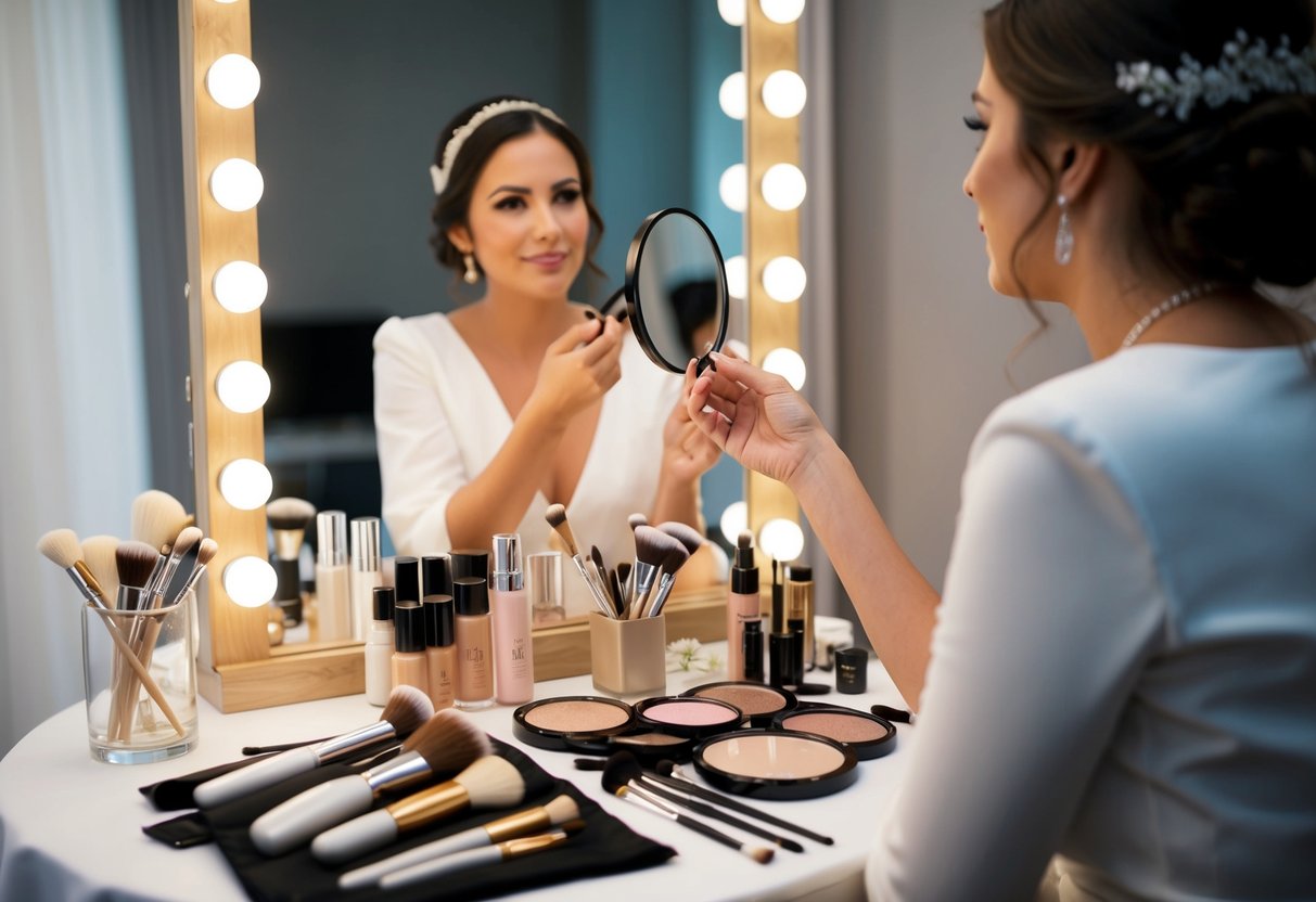 A wedding guest applying makeup in front of a mirror, with a variety of cosmetics and brushes spread out on a table