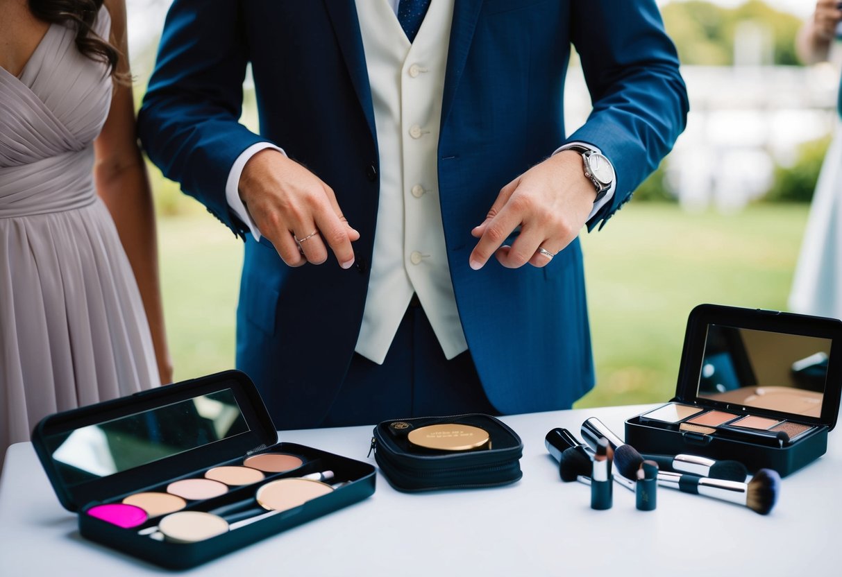 A wedding guest deciding between casual and formal attire, with a makeup kit and various accessories laid out on a table