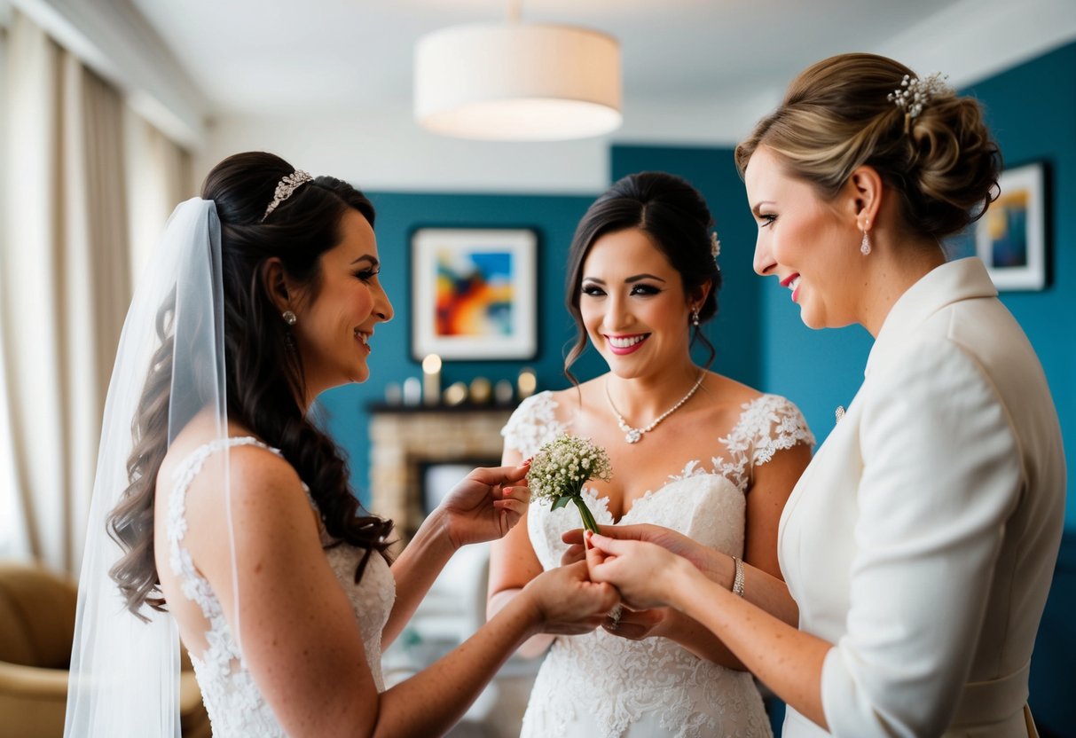 A bride receives a borrowed item from a friend, symbolizing good luck