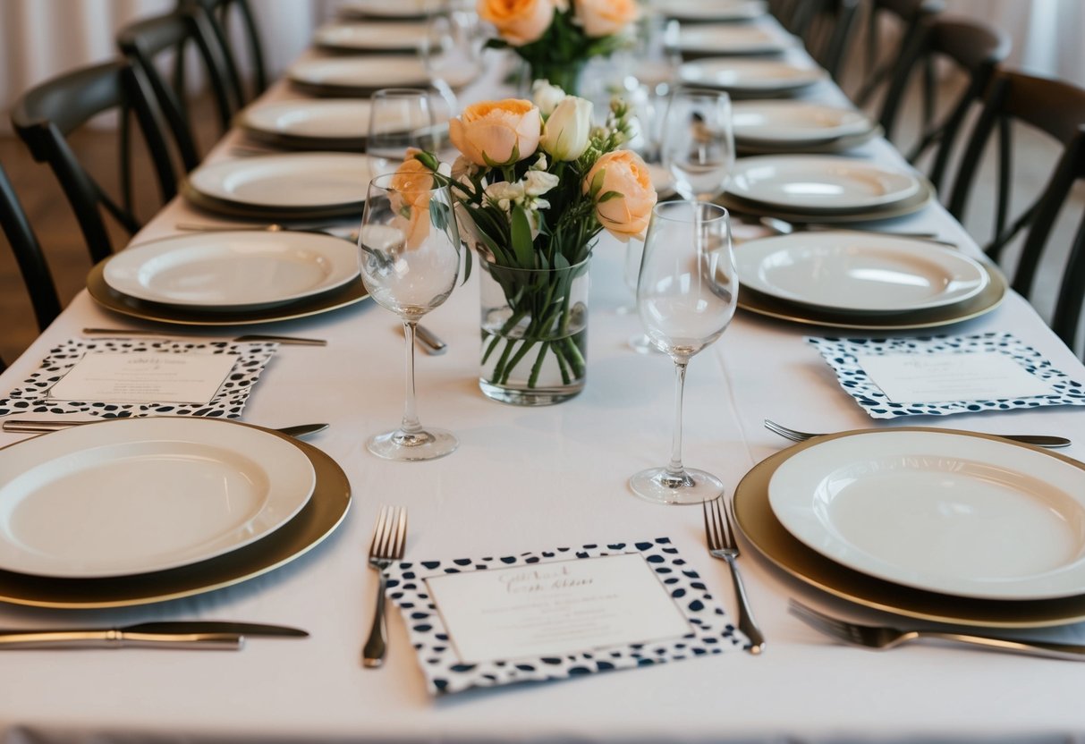 A table set for a party with empty place settings and unopened invitations scattered around