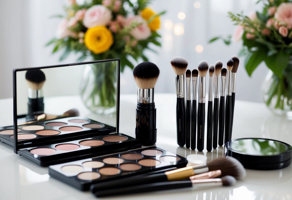 A makeup palette and brushes arranged on a table with a mirror and a bouquet of flowers in the background