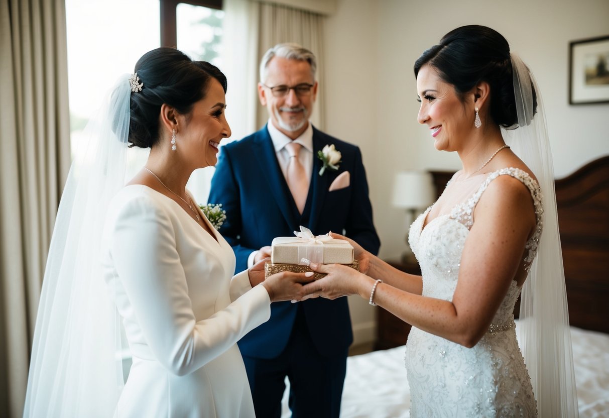A bride's relative presents her with a borrowed item, symbolizing love and support