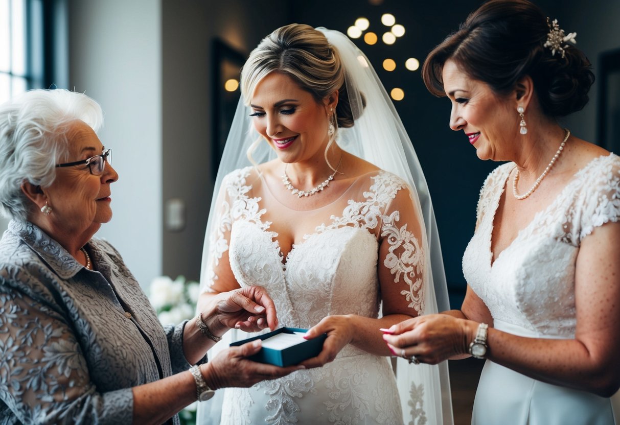 A bride receives a borrowed item from a female family member, symbolizing the support and connection between generations
