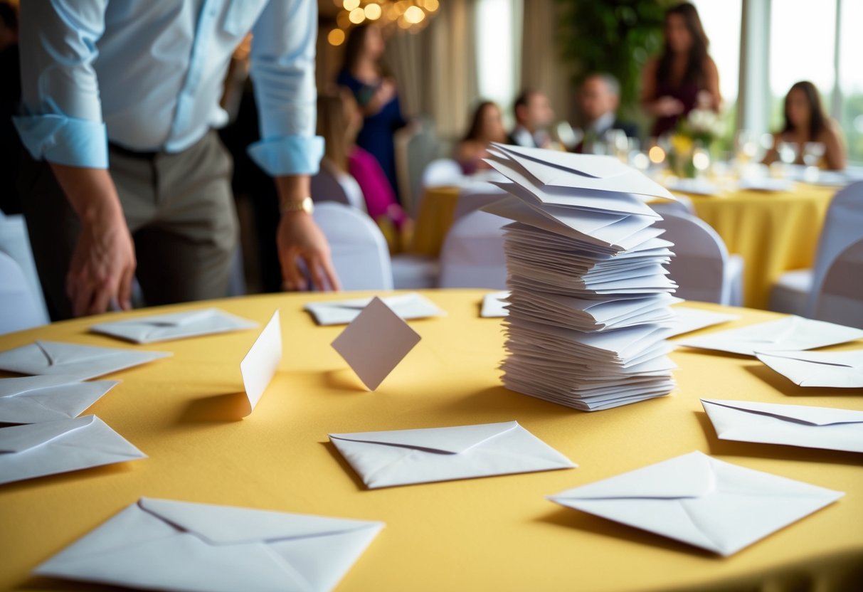 A table set for a party with empty place cards and unopened envelopes scattered around. A concerned host looks at a stack of unanswered invitations