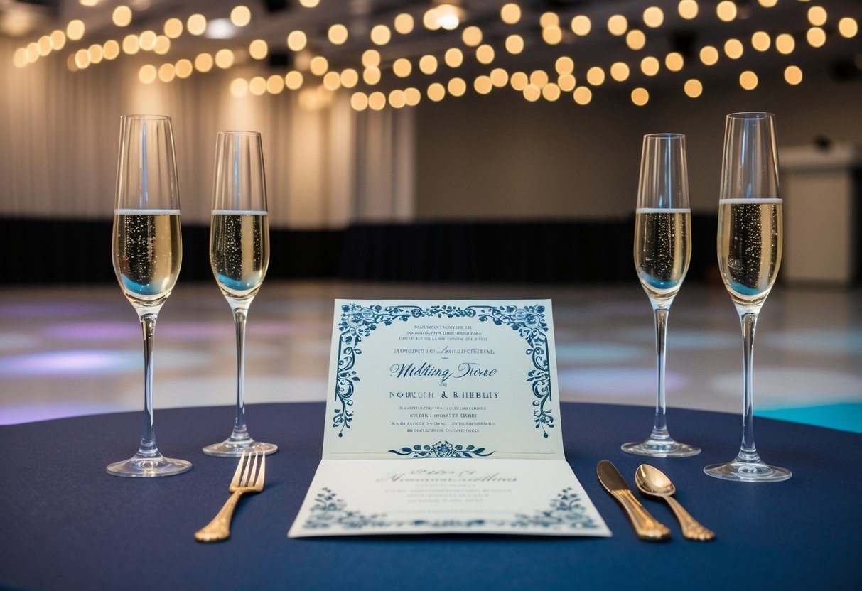 A beautifully decorated wedding invitation left unopened on a table, surrounded by untouched champagne glasses and an empty dance floor