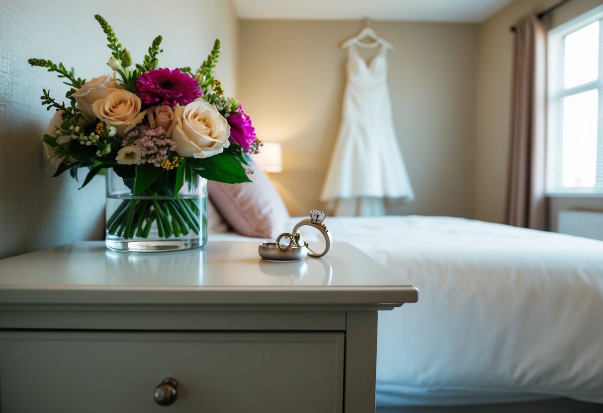 A cozy bedroom with two interlocked rings on the nightstand, a bouquet of flowers, and a wedding dress hanging in the background
