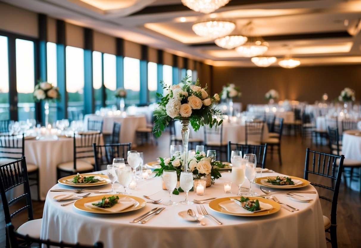 A beautifully set table with empty place settings and untouched food at a wedding reception