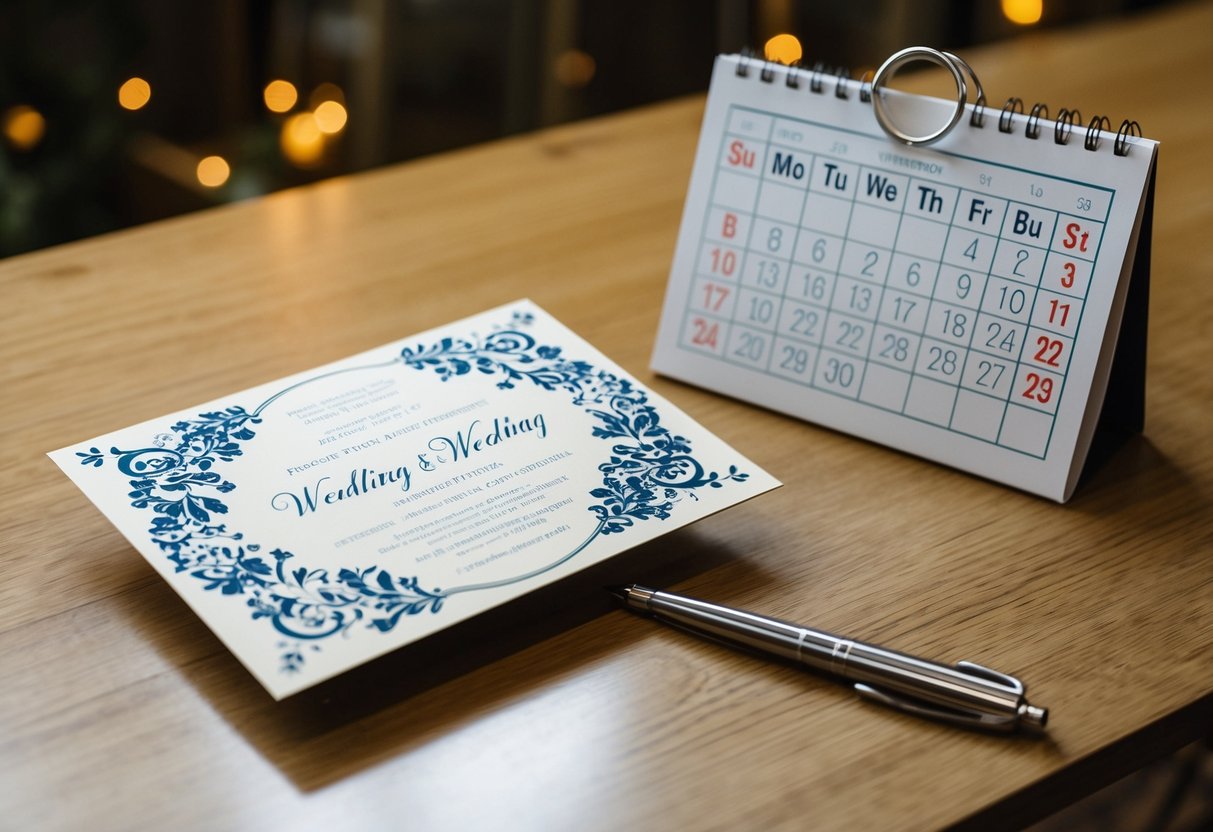A beautifully decorated wedding invitation left unopened on a table, alongside a calendar with the wedding date circled in red
