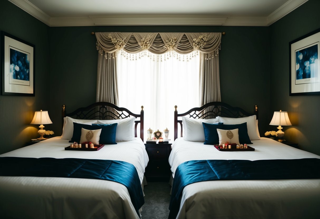 A bride and groom's separate beds facing each other in a dimly lit room, with traditional decor and symbolic items placed on each bed