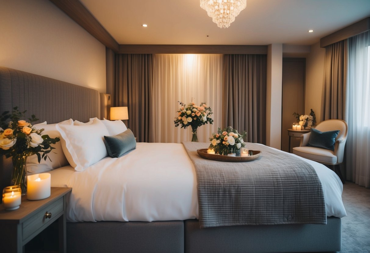 A cozy bedroom with a large, comfortable bed and soft, romantic lighting. The room is decorated with flowers and candles, creating a warm and inviting atmosphere for the couple to spend their last night before the wedding