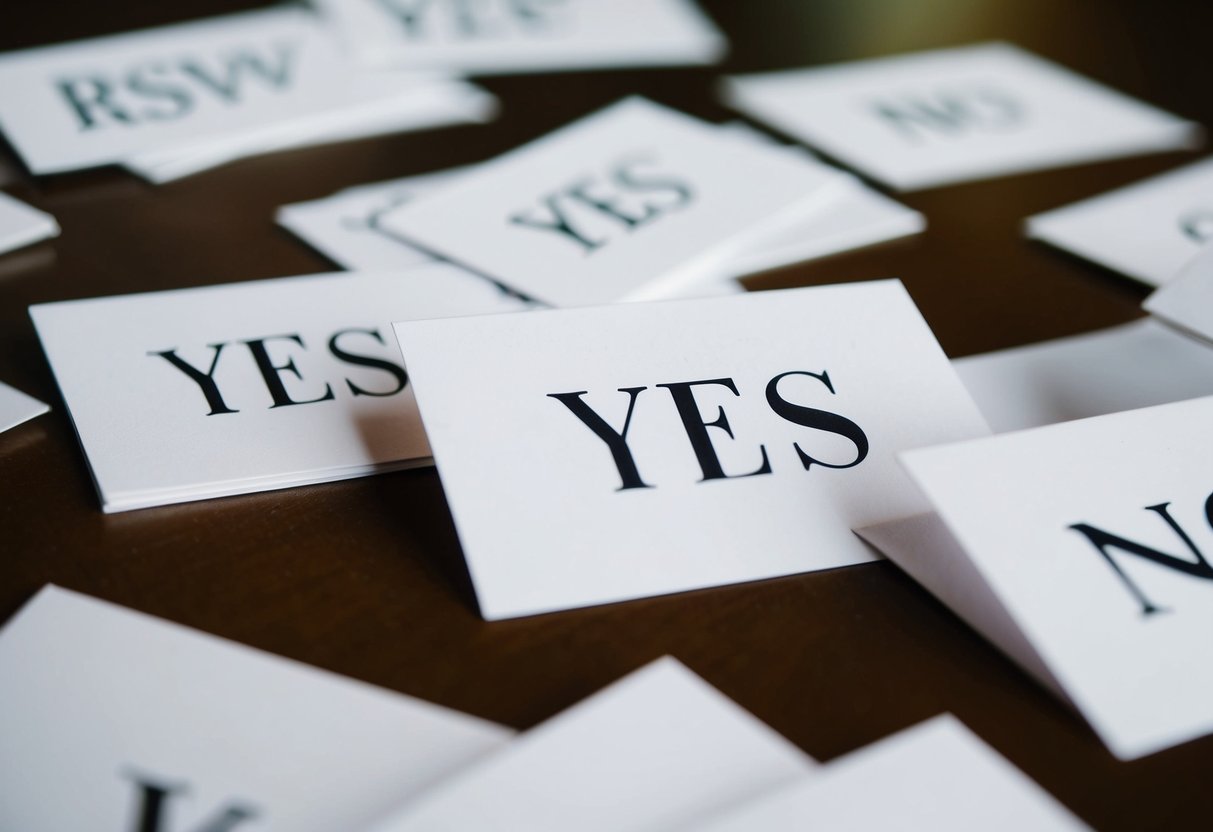A group of RSVP cards, some marked "yes" and others "no," scattered on a table