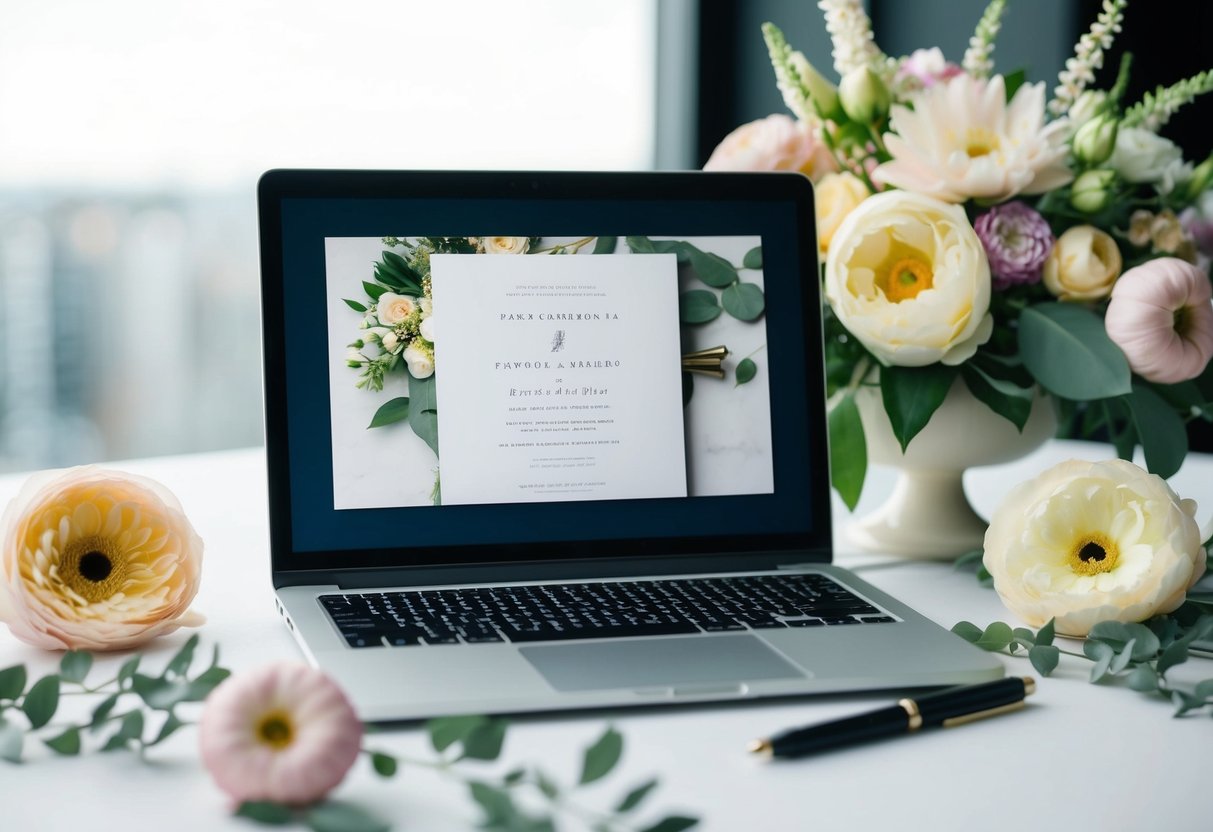 A laptop with a wedding invitation on the screen, surrounded by a decorative floral arrangement and a pen