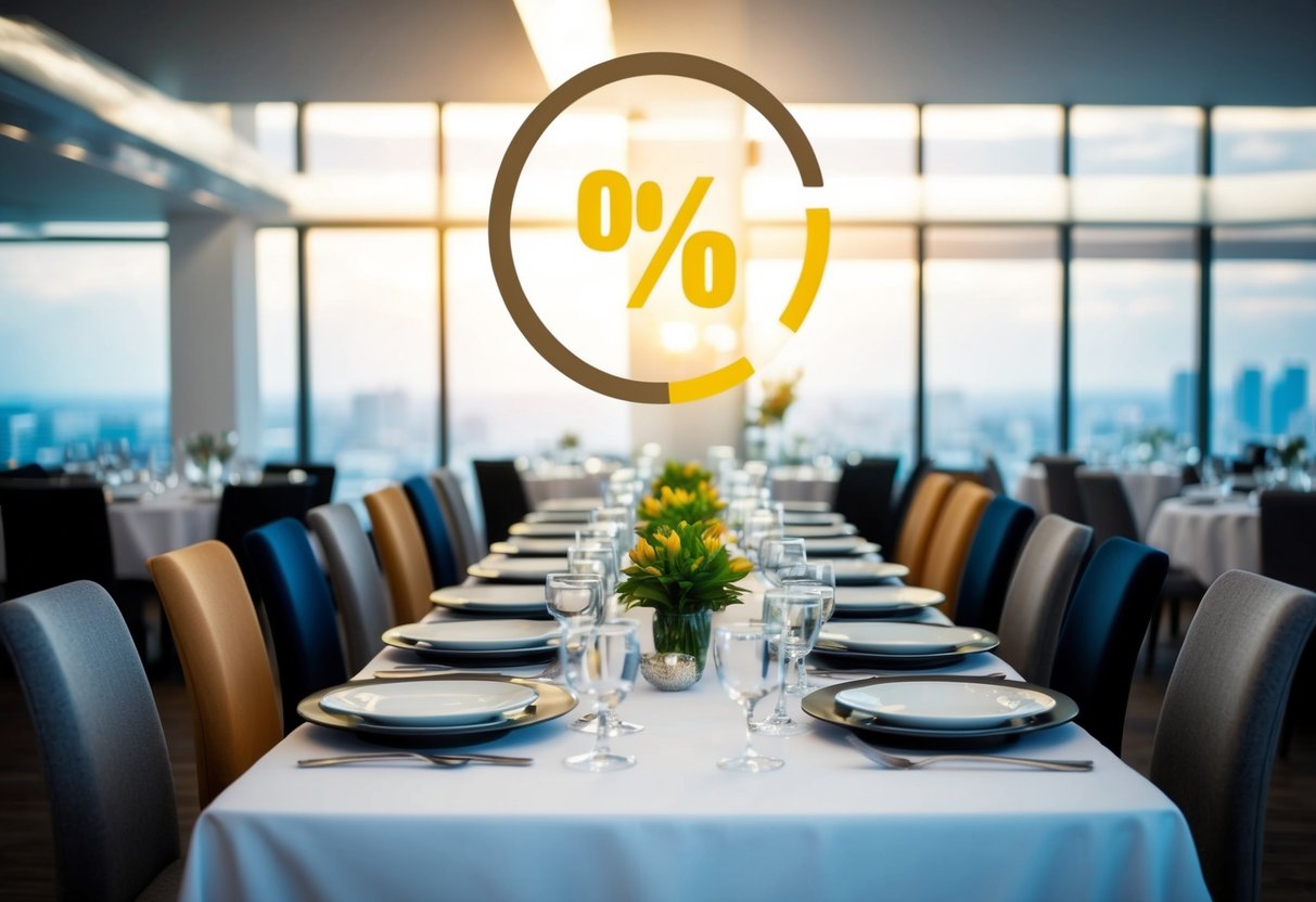 A table with place settings and a mix of filled and empty chairs, with a percentage symbol hovering above