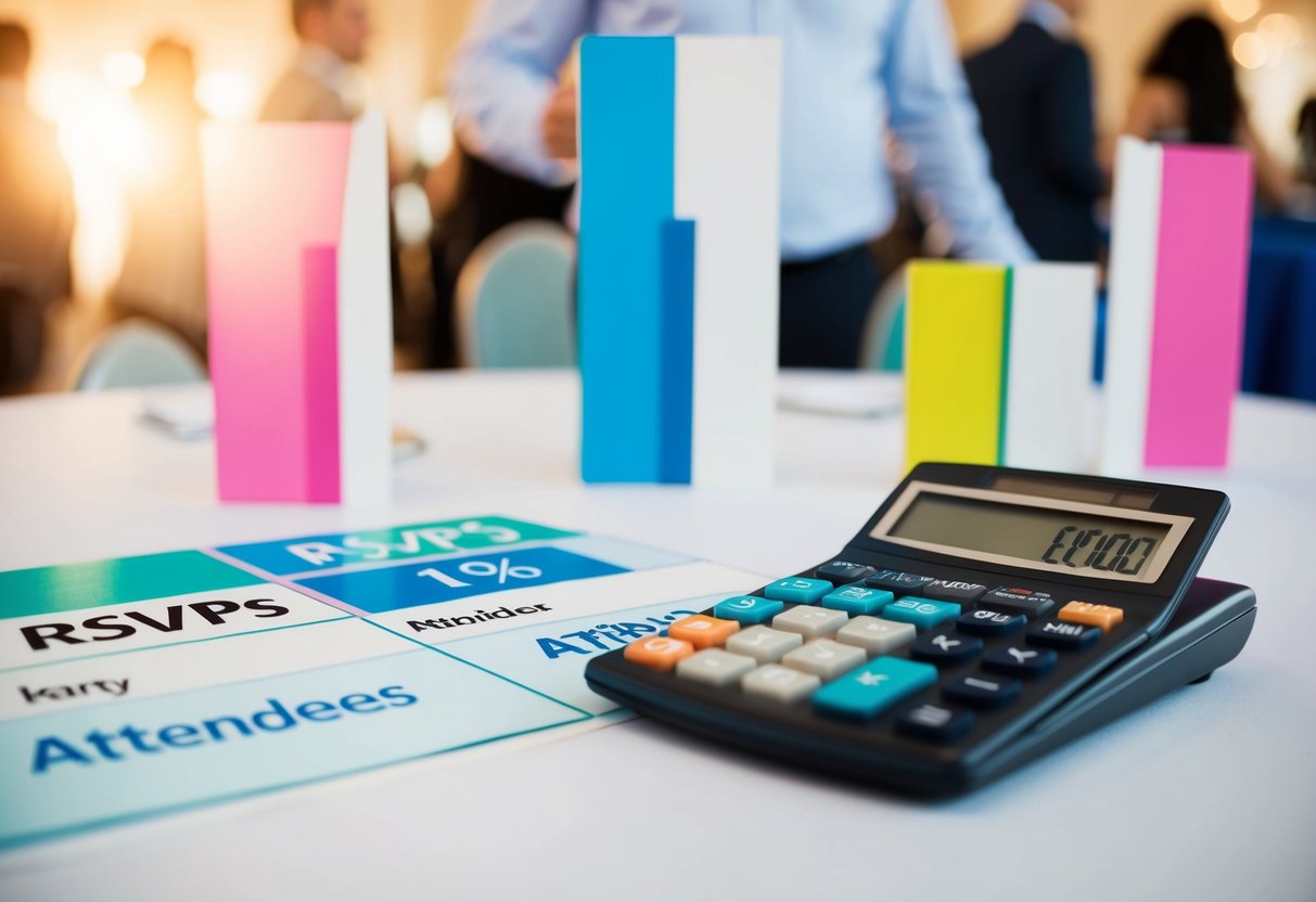 A table with RSVPs and party attendees, with two columns labeled "RSVPs" and "Attendees" and a percentage calculation displayed on a calculator