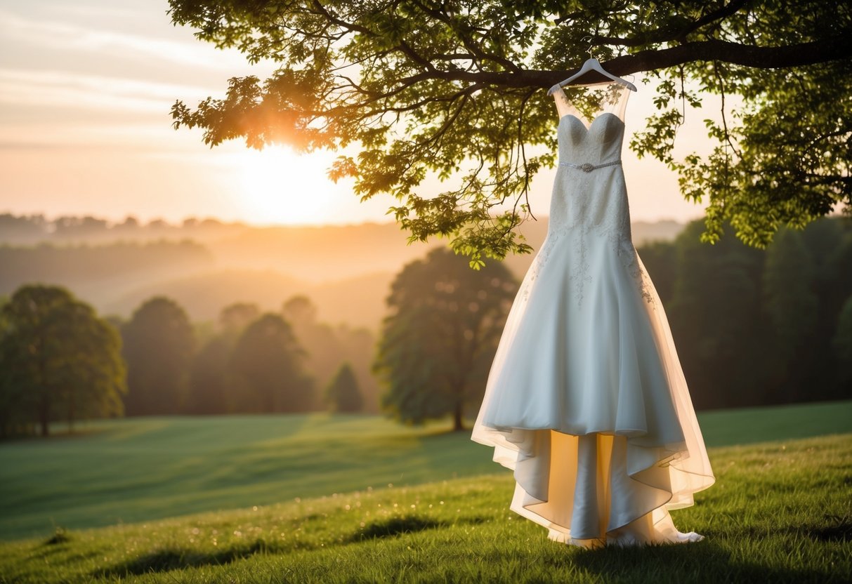A bride should get her dress early in the morning, as the sun rises over a serene countryside setting. The light filters through the trees, casting a soft glow on the elegant wedding gown hanging from a branch