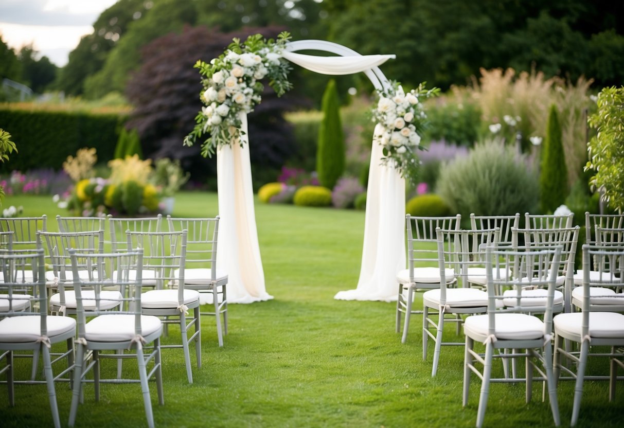 A serene outdoor wedding setting with a beautifully decorated archway and empty chairs arranged in a picturesque garden
