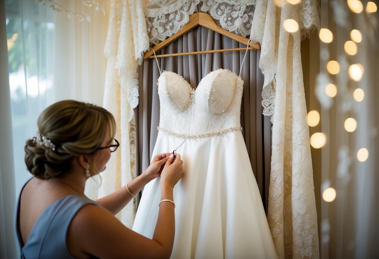 A bride's dress hanging on a hanger, surrounded by delicate lace and beading, with a seamstress making final adjustments with a needle and thread