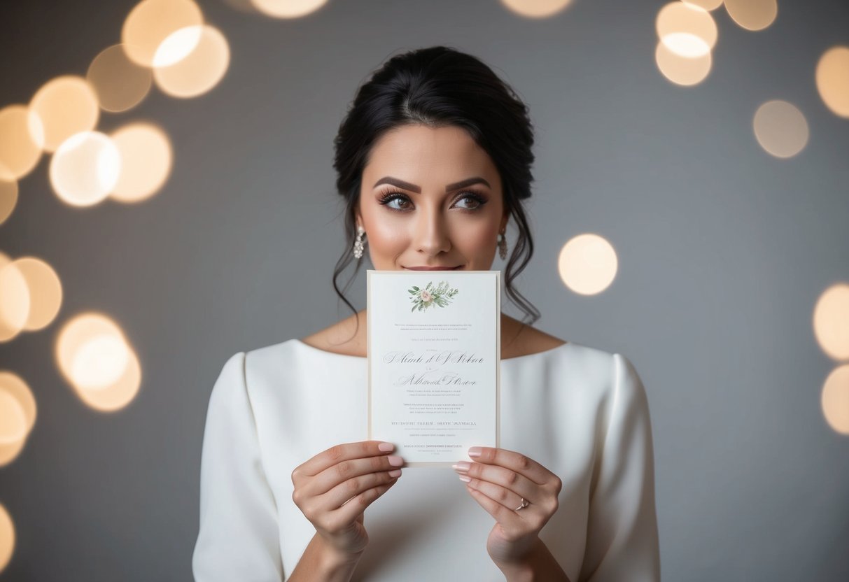 A person holding an elegant wedding invitation, with a thoughtful expression and a hesitant gesture