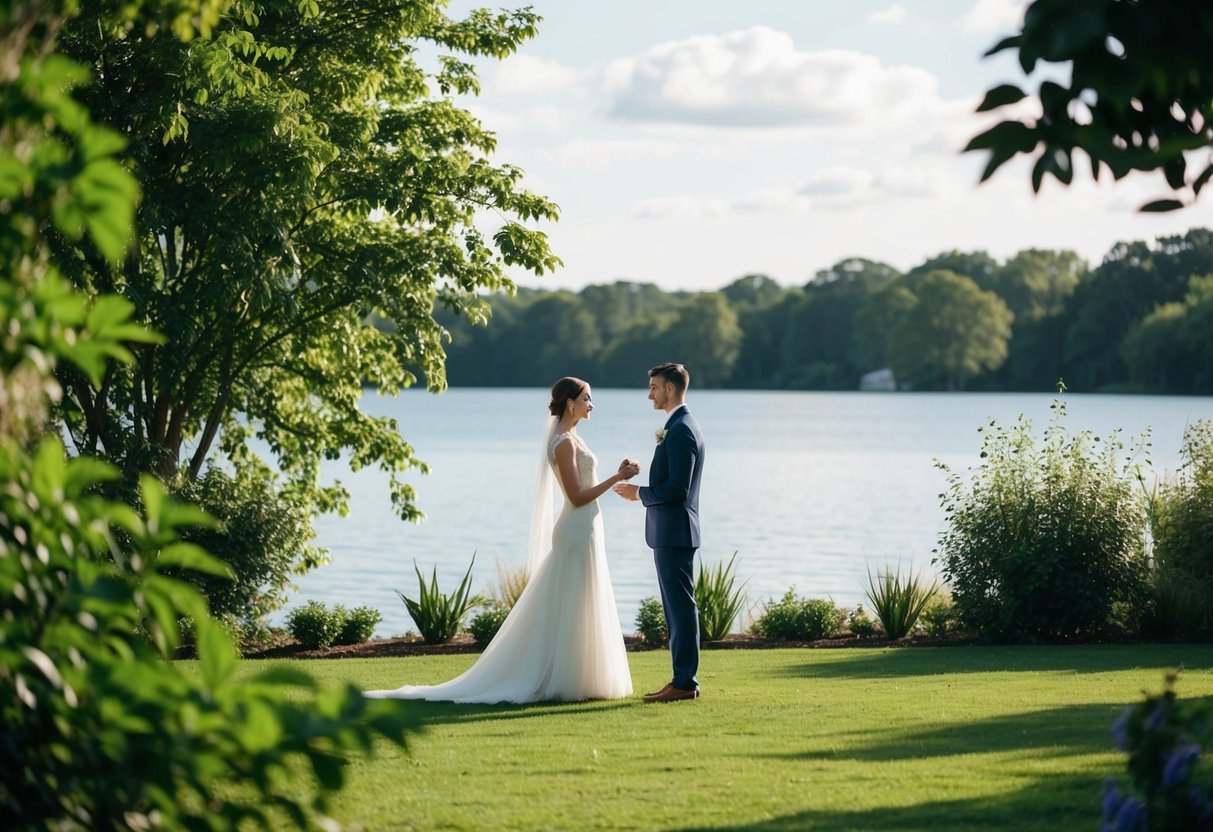 A solitary figure stands in a lush garden, exchanging vows with a serene lake as the backdrop. The scene is intimate and peaceful, with no guests in sight