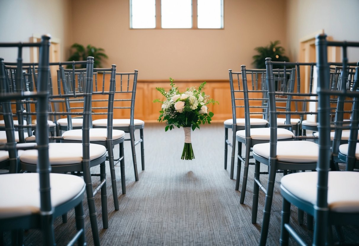 An empty wedding venue with chairs neatly arranged and a lone bouquet in the center
