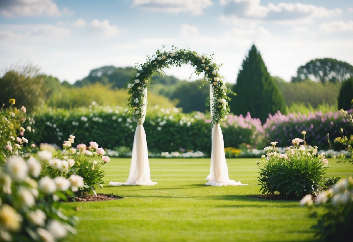 A serene garden with a solitary wedding arch surrounded by blooming flowers and a peaceful atmosphere