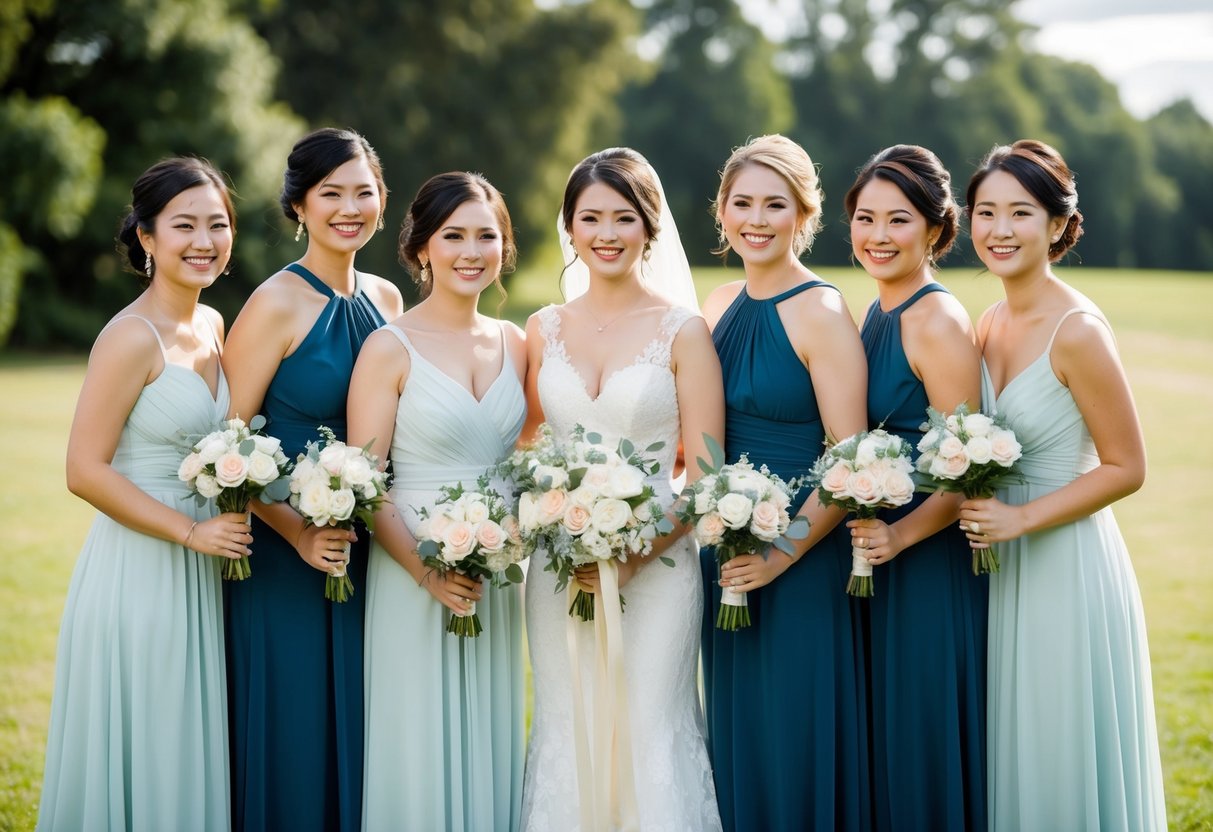 A group of bridesmaids, including a married couple, stand together in matching dresses, holding bouquets and smiling