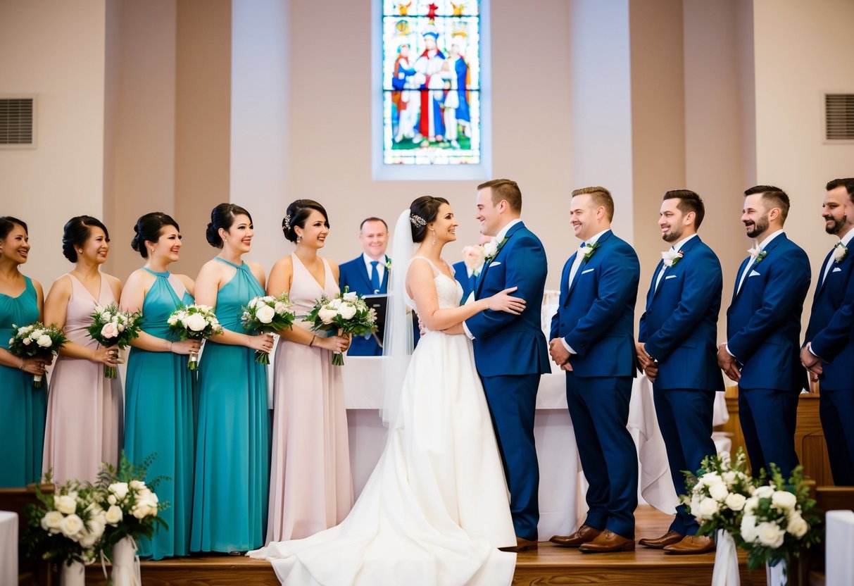 A bride and groom stand at the altar, surrounded by their bridal party. The bridesmaids and groomsmen stand by their sides, supporting and celebrating the couple's special day