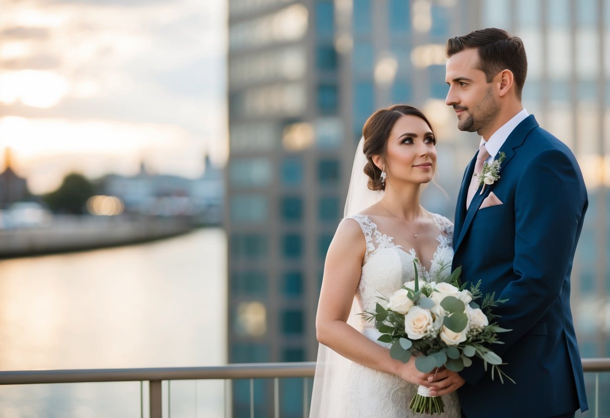 A bride and groom stand together, each holding a bouquet. The bride looks contemplative while the groom looks supportive