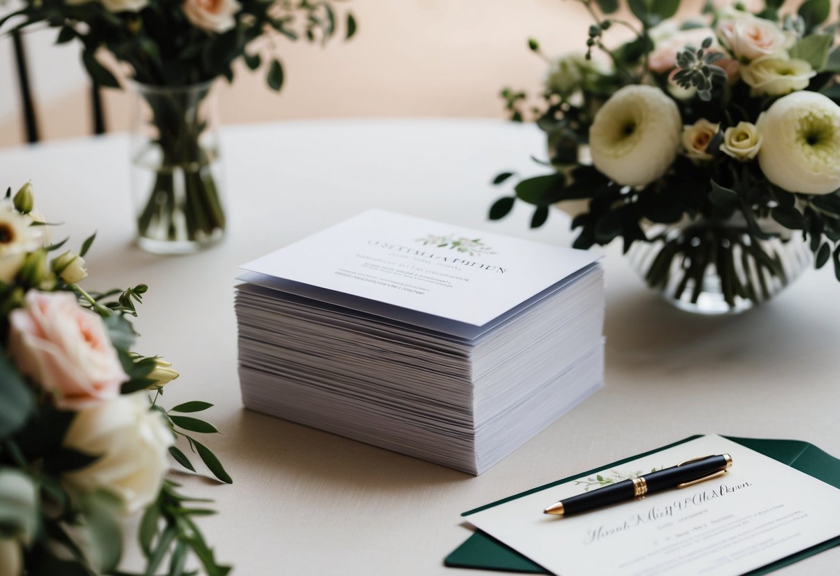 A stack of elegant wedding invitations on a table, surrounded by floral arrangements and a pen