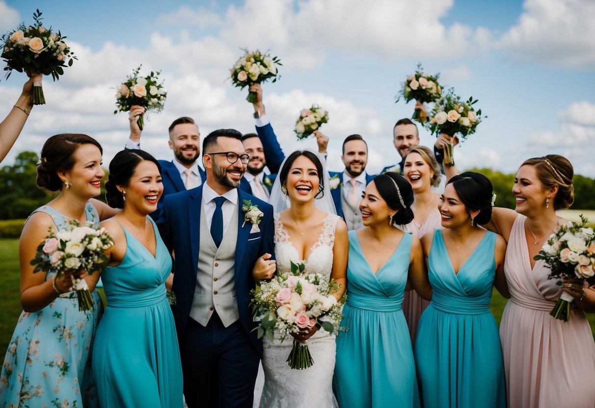 A group of married couples joyfully participate in pre-wedding and wedding day celebrations, with the bridesmaids including both single and married women