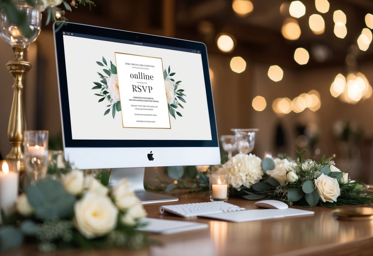 A computer screen displaying an elegant wedding invitation with an online RSVP option, surrounded by traditional wedding decor