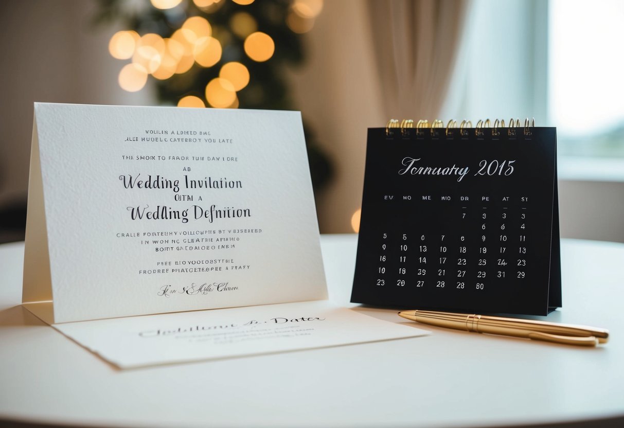 A wedding invitation with a deadline date and a calendar showing the date of the wedding