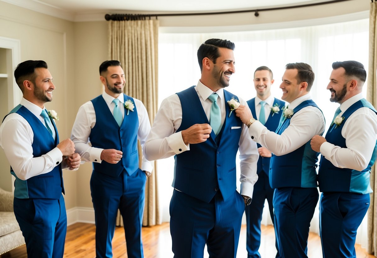 The groom prepares in a well-lit, spacious room, surrounded by his groomsmen. They help him with his tie, straighten his suit, and share a few laughs before the big day