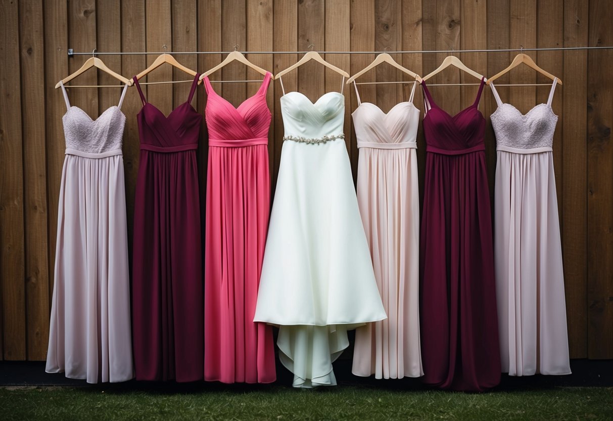 A group of five bridesmaid dresses hanging in a row