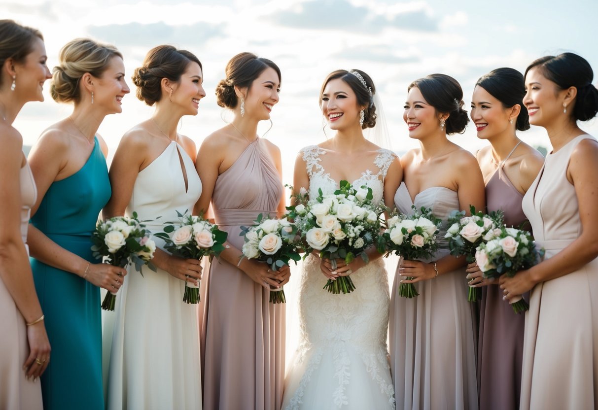 A group of women in elegant dresses stand beside a bride, smiling and holding bouquets