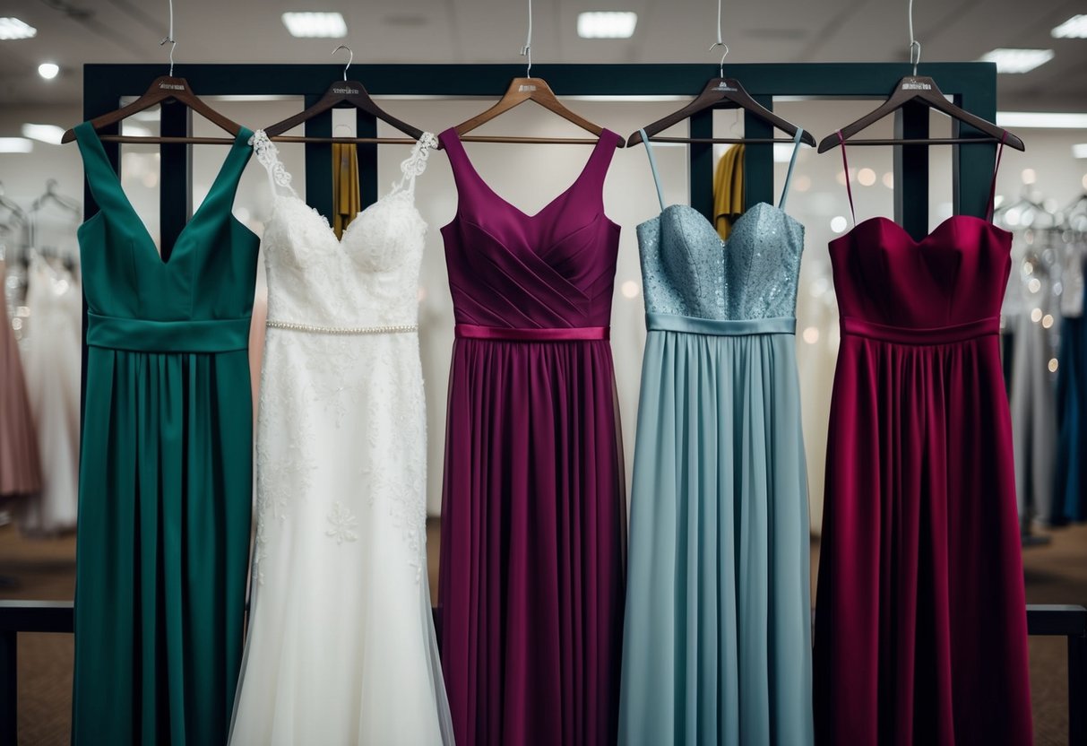 A group of bridesmaid dresses hanging in a row, with a range of colors and styles