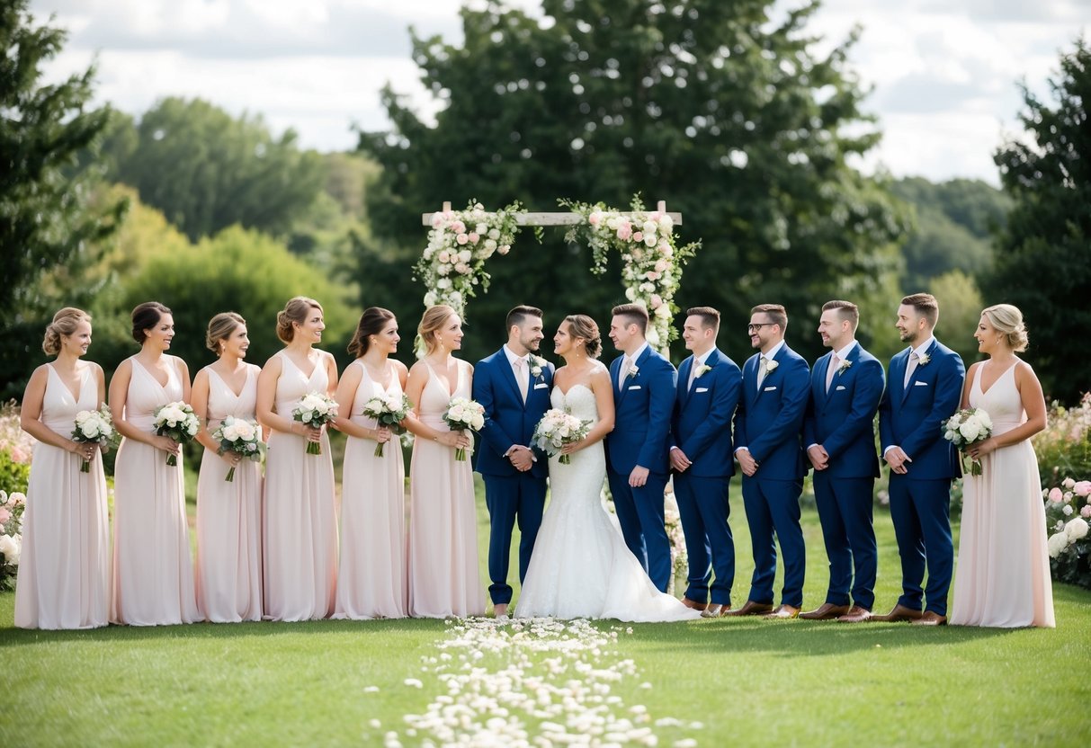 A group of bridesmaids and groomsmen standing in a line, with the bride and groom in the center, surrounded by flowers and decorations